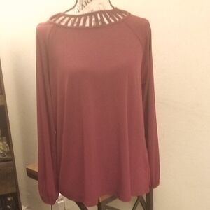 Red Cut Out Blouse with Long Sleeves